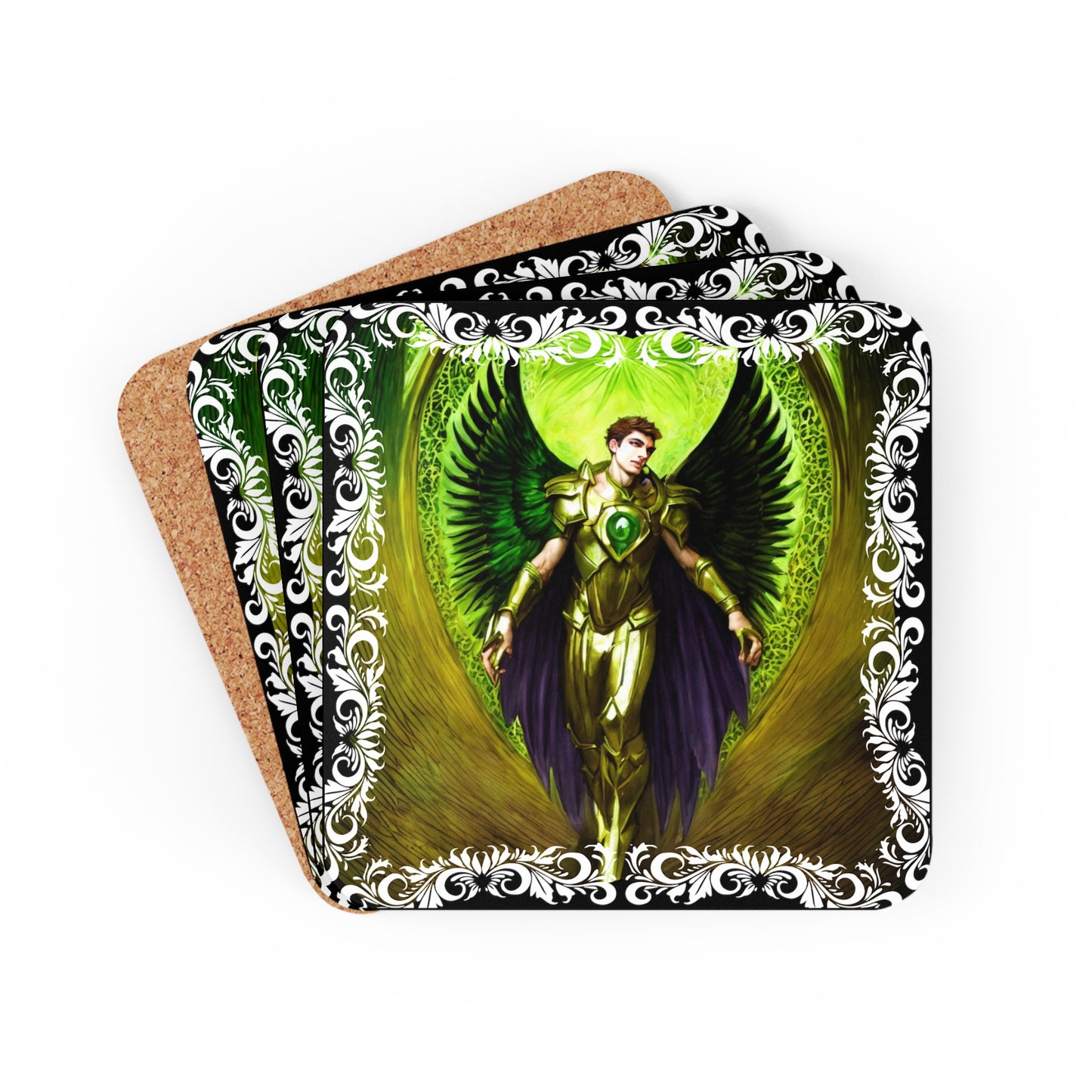 Whispers of Healing: Archangel Raphael Corkwood Coaster Set - Angelic Thrones: Your Gateway to the Angelic Realms