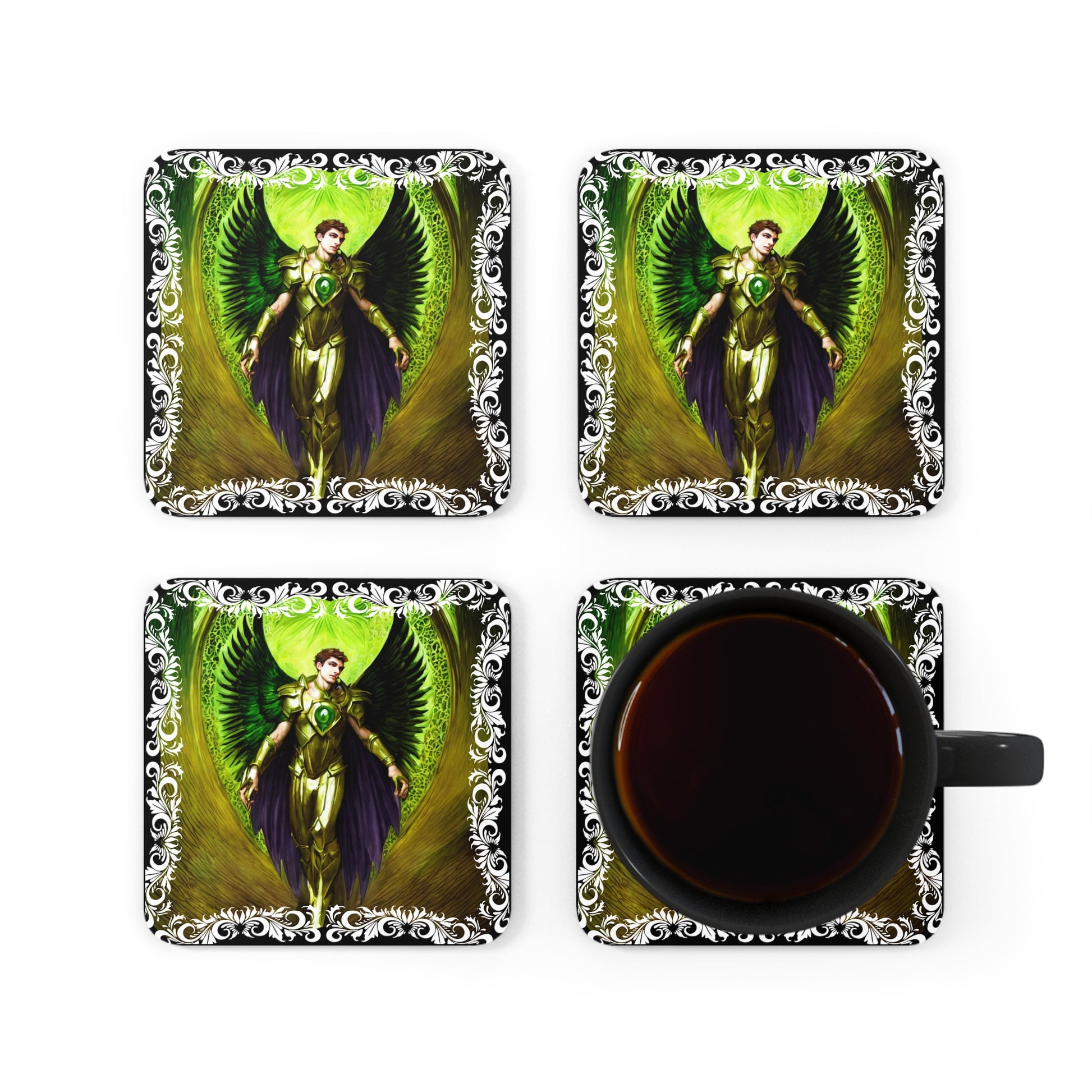 Whispers of Healing: Archangel Raphael Corkwood Coaster Set - Angelic Thrones: Your Gateway to the Angelic Realms