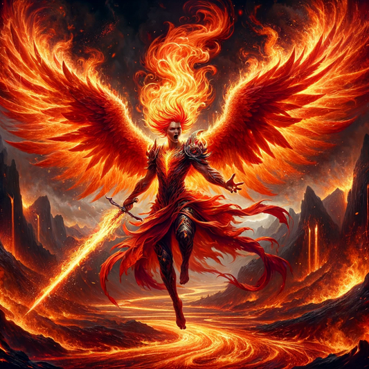 O anjo do fogo ganha vida na arte do trono angelical