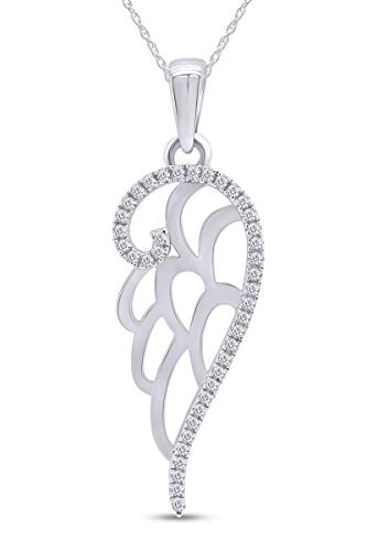 White Natural Diamond Charm Angel Wing Pendant Necklace in 14K White Gold
