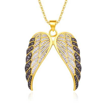 Round Cut White & Enhanced Black Natural Diamond Angel Wings Pendant Necklace