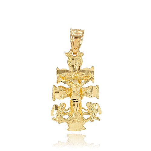Podwójny krzyż karawaki z żółtego złota z zawieszką w postaci krucyfiksu aniołów