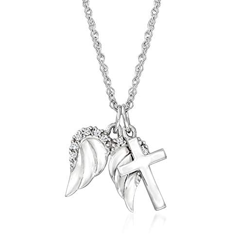 14kt White Gold Cross and Angel Wings Pendant Necklace With Diamond Accents