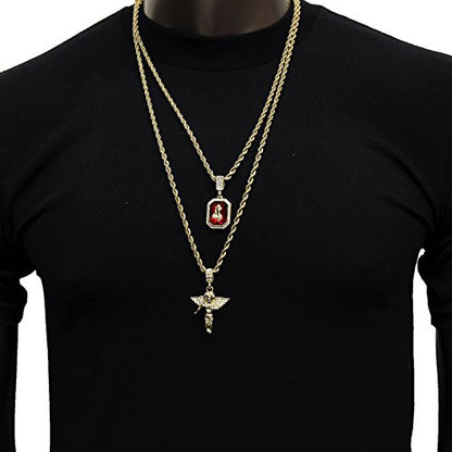 Men's Gold Angel & P Ruby Bundle Set with pendant