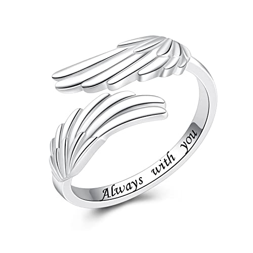 Srebrny pierścionek ze skrzydłami anioła i piórami