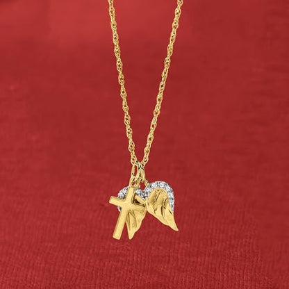 14kt Yellow Gold Cross and Angel Wings Pendant Necklace