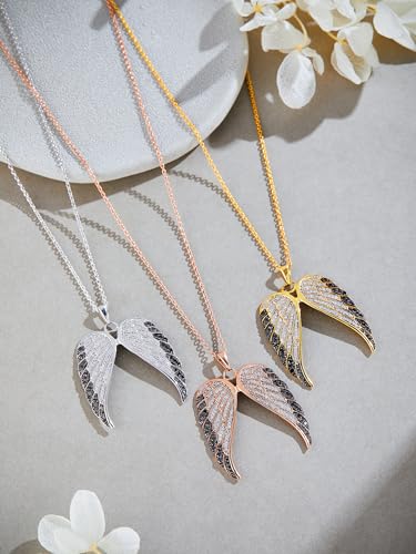 Round Cut White & Enhanced Black Natural Diamond Angel Wings Pendant Necklace