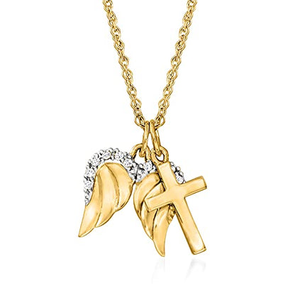 14kt Yellow Gold Cross and Angel Wings Pendant Necklace
