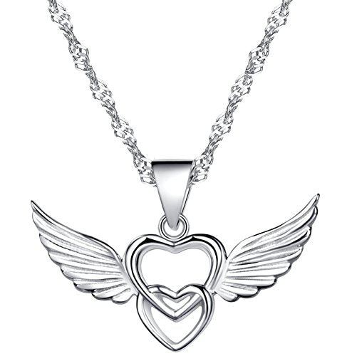 Sterling Silver Double Hearts Angel Wings Pendant Necklace in Silver