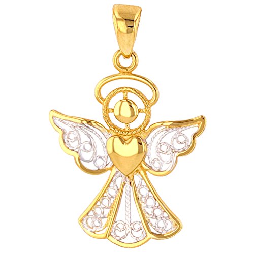 Golden Embrace: 14K Gold Filigree Angel with Heart Charm Pendant