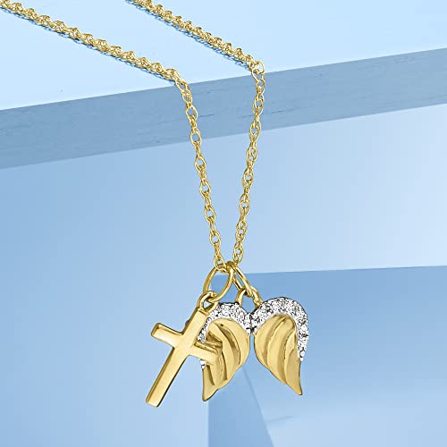 14kt Yellow Gold Cross and Angel Wings Pendant Necklace