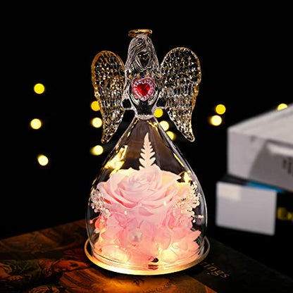 Real Rose in Angel Figurines with LED Light and Mom Necklace