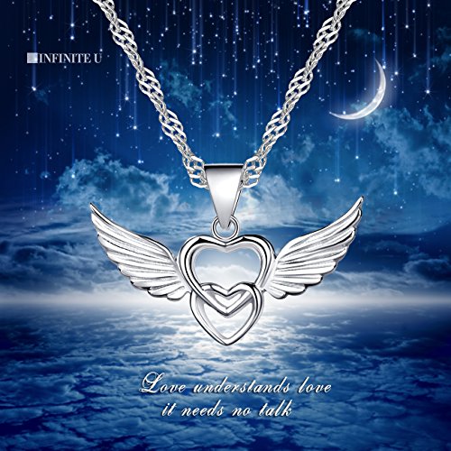 Sterling Silver Double Hearts Angel Wings Pendant Necklace in Silver