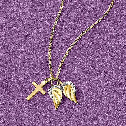 14kt Yellow Gold Cross and Angel Wings Pendant Necklace