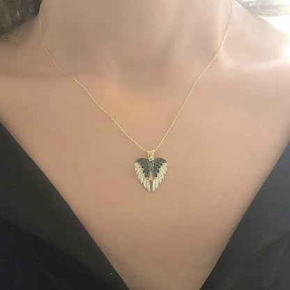 14K Real Solid Gold Double Angel Wings and Heart Personalized Pendant Necklace